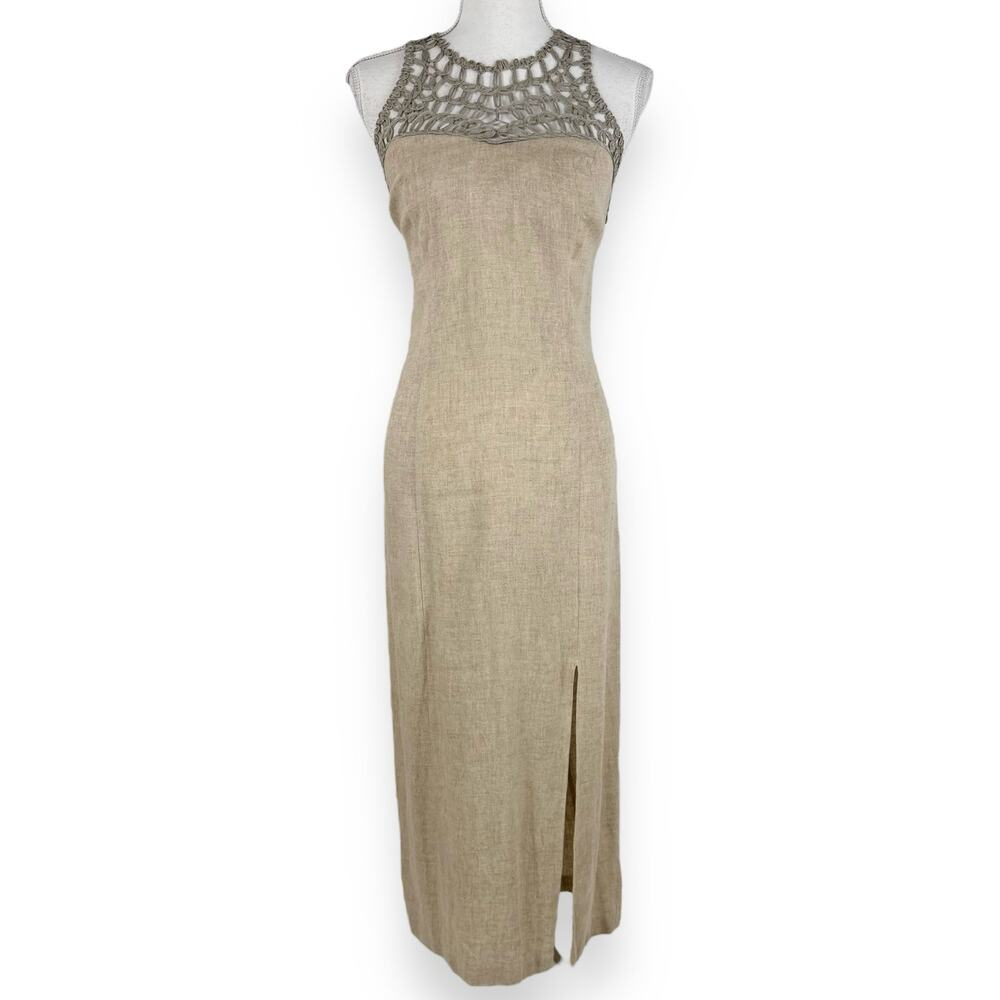 Sleeveless Beige Maxi Dress with Crochet Yoke